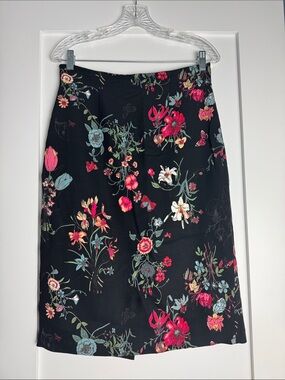 Rebecca Taylor Black Floral Midi Skirt with Multicolor Blooms